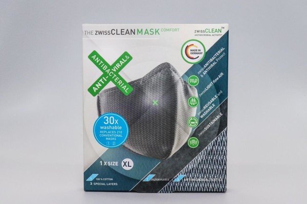 zwissCLEAN™ Mund-Nasen Maske Comfort | Antibakteriell | Antiviral | grau